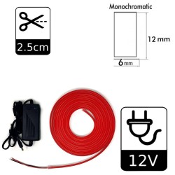 Pack Fita Neon Vermelho LED 6mm 12V + Fonte de alimentação