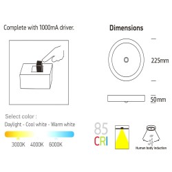 Plafón LED Superficie circular 20W con Detector de  Movimiento - CCT