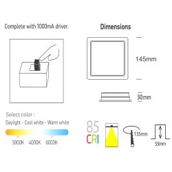 Downlight LED 15W Cuadrado - OSRAM CHIP DURIS E 2835 - CCT - UGR17