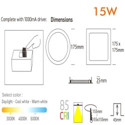 15W LED Square Downlight Slim  Stainless Steel - CCT- OSRAM CHIP DURIS E 2835