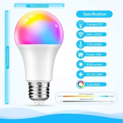 Lâmpada LED 10W SMART Wifi RGB+CCT + Control Remoto - A60 Regulável - E27