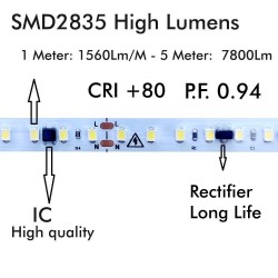 LED Strip 220V | 120xLED/m | 5m | SMD2835 | 1560Lm | 14W/M | IP65