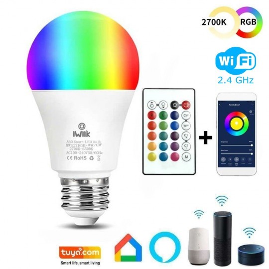 Ampoule LED 10W SMART Wifi RGB+CCT + Télécommande - A60 Dimmable - E27