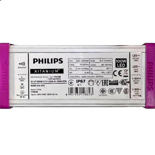 Driver Programmable Dimmable Philips XITANIUM pour luminaires LED jusqu&#039;à 100W - 1050 mA - Garantie 5 ans