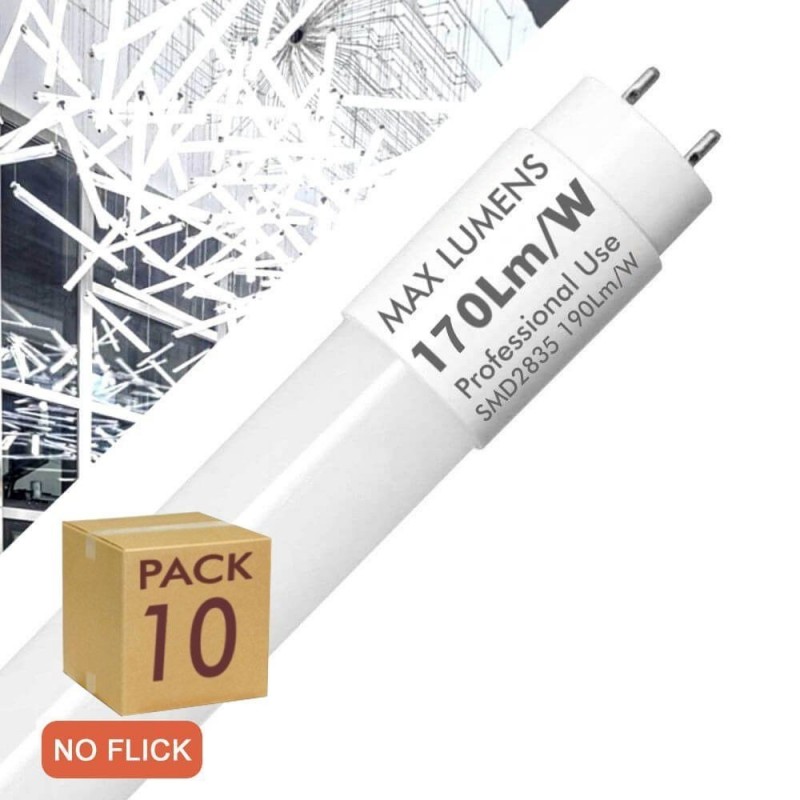 PACK 10 - LED Tube Glass - 20W PRO  - 120cm T8 - 170 Lm/W - PRO MAX LUMENS - 3400Lm - NO FLICK