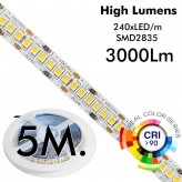 Tira LED 24V | 240xLED/m | 5m | SMD2835 | 3000Lm | 30W/M | CRI90 | | IP20