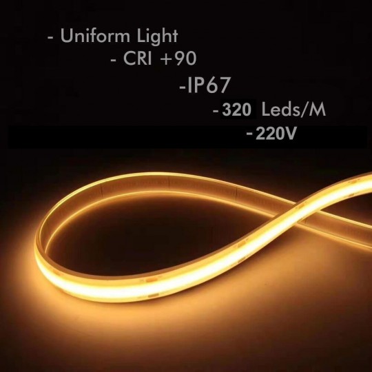 LED Strip COB 220V | 320 LED/m | 20m | FLIP CHIP | 1200Lm | 12W/M | CRI92 | IP67 | Cut every 25cm