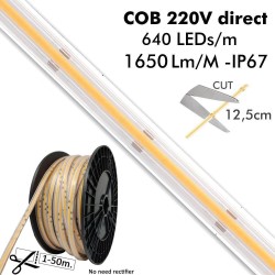 Fita LED COB 220V | 640 LED/m | 50m | FLIP CHIP | 1650Lm |15W/M | CRI90 | IP20 | Corte 100cm