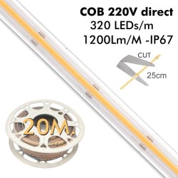 Fita LED COB 220V | 320 LED/m | 20m | FLIP CHIP | 1200Lm |12W/M | CRI92 | IP67 | Corte a cada 25cm