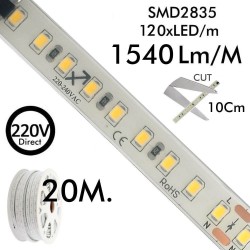 Fita LED 220V | 120xLED/m | 20m | SMD2835 | 1450Lm/M | 14W/M | IP67 | Corte cada 10cm