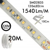 Fita LED 220V | 120xLED/m | 20m | SMD2835 | 1450Lm/M | 14W/M | IP67 | Corte cada 10cm