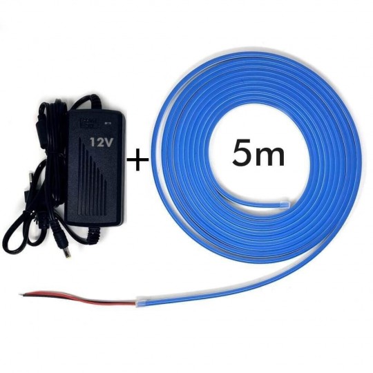 Pack Fita Neon Azul LED 6mm 12V + Fonte de alimentação