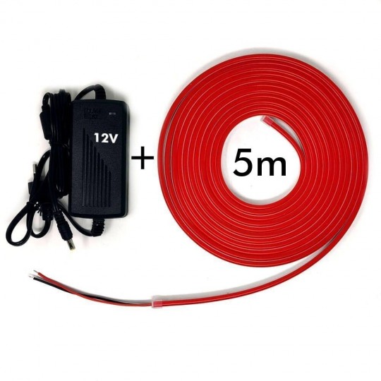 Pack Fita Neon Vermelho LED 6mm 12V + Fonte de alimentação