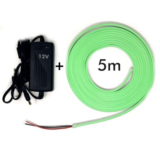 Pack ruban Neon Vert LED 6mm 12V  + F. Alimentation