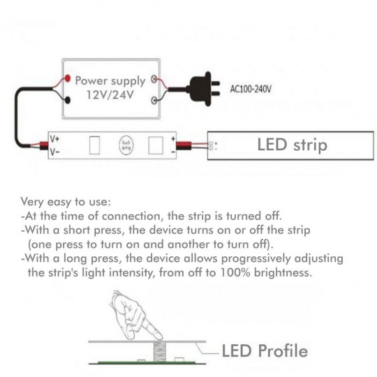 Mini interrupteur + Variateur - pour rubans LED profilés - 12/24V.